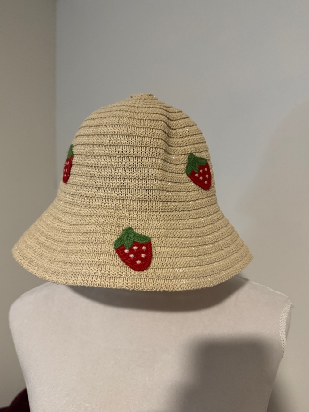 wonder nation Beige Straw Bucket Hat with Red Strawberry Embroidered Accents